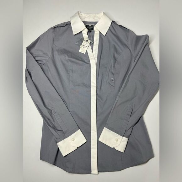 Express Essential Shirt S/P Grey Longsleeve Button-up Blouse W White Trim - Picture 5 of 9